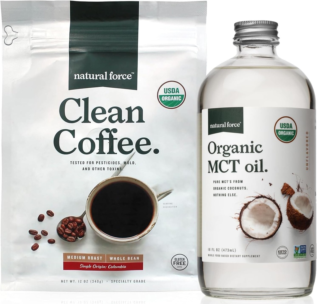 Natural Force Organic Clean Coffee + Organic MCT Oil Bundle – 100% puro Coco MCTs & Mold & Mycotoxina Free Coffee – Não-GMO, Keto, Paleo, e Vegan - saco de 12 Oz e frasco de vidro de 16 Oz