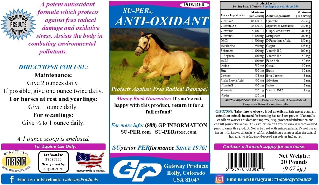 SU-PER Suplemento Anti-Oxidante para Cavalos - Vitaminas Equinas e Apoio Antioxidante Essencial - Combate Poluentes Ambientais & Estresse Oxidativo - 20 Libras, 5 Mês de Fornecimento