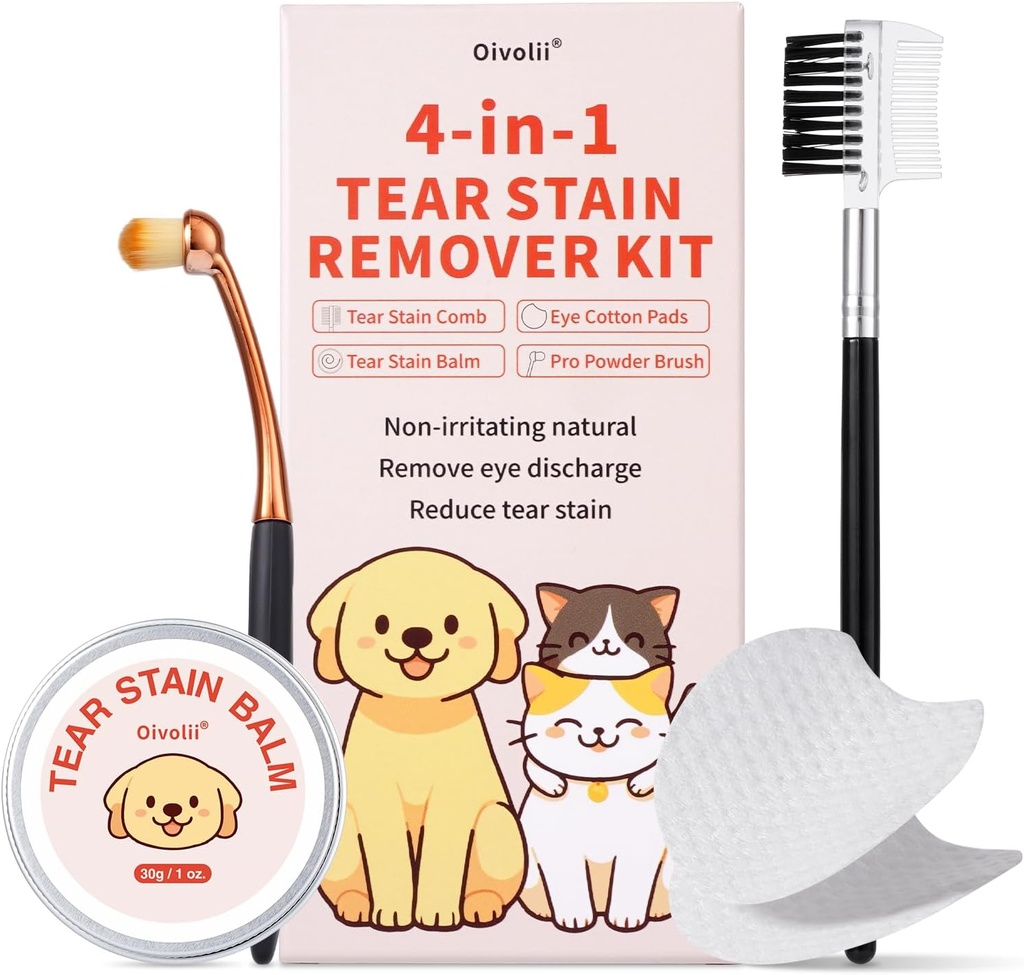 Kit removedor de manchas de lágrimas para cães e gatos com pente de manchas de lágrimas, bálsamo de manchas de lágrimas, almofadas de algodão para olhos, escova de pó Pro gentilmente remover manchas de lágrimas, debris de olhos, descarga, secreções de muco