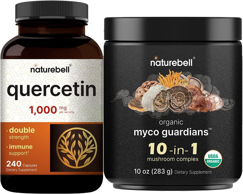 NatureBell Quercetin 1000mg por serviço e 10 em 1 Cogumelo em pó, 10 onças pacote de pacote , Ultra força Quercetin Suplemento , Imune Booster & Suporte à saúde do cérebro