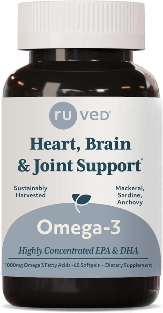 Ruved Omega-3 - Omega 3 Fish Oil, 1000mg por cápsula, EPA & DHA Fish Oil Supplement for Women & Men, Heart, Brain, & Joint Support - 60 Cápsulas Softgel (1 Conde)