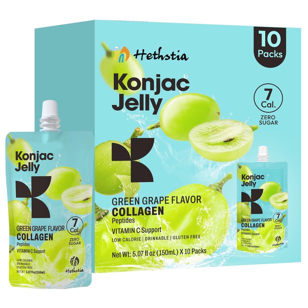 Hethstia Konjac Geléia Verde Sabor de uva, 10 Pouches, Geleia de uva potável com péptidos de colágeno, 7 Kcal, Açúcar grátis, Sem glúten, Keto, Vegan, On-The-Go Chewy Light Snacks