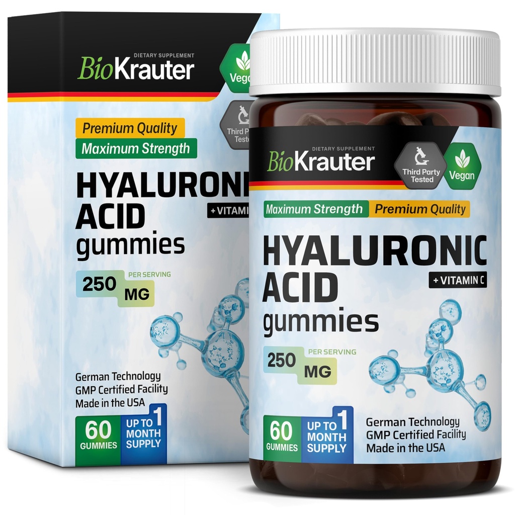 BIO KRAUTER Gomas de ácido hialurônico w/Vitamina C - 250 mg - 60 Mastigações Vegan - Suplementos de ácido hialurônico - Base de pectina