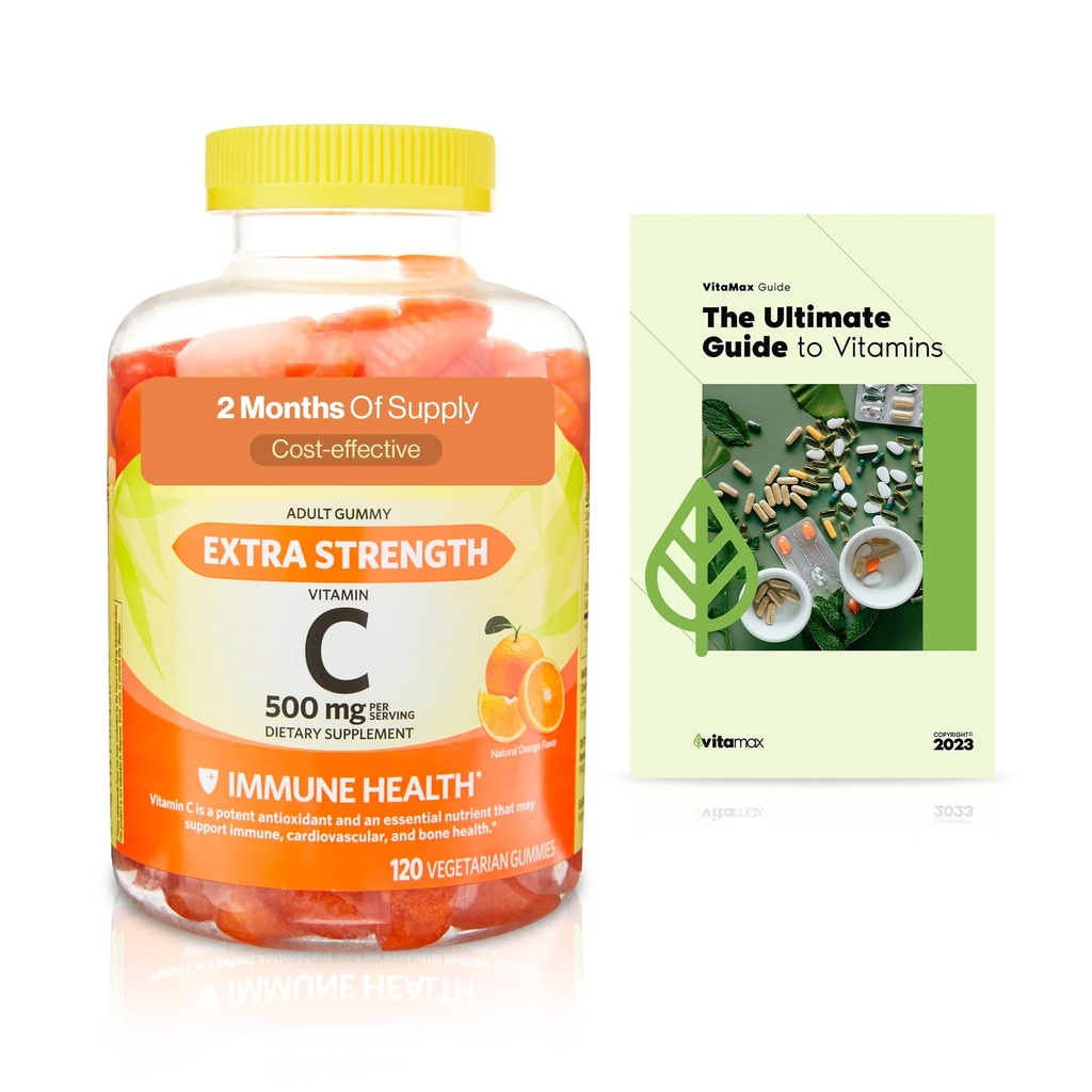 Spring Valley Força extra Vitamina C Imune Saúde Suplemento dietético Gummies vegetarianas, laranja, 500 mg, 120 Count + VitaMax exclusivo Guia Vitamina (2 itens)