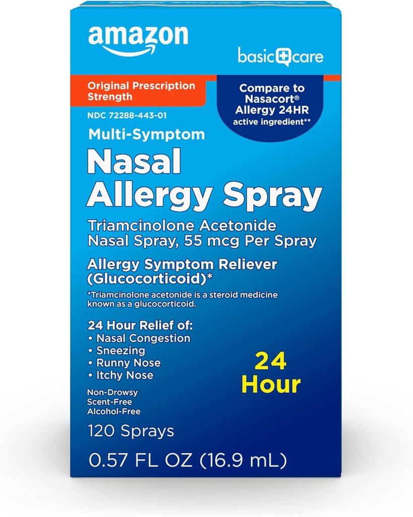 Cuidados Básicos Alergia 24 horas Spray nasal, Triamcinolona Acetonide 55 mcg por pulverização, Medicina da Alergia, Não Afogado, 0,57 fl oz (Pacote de 1)