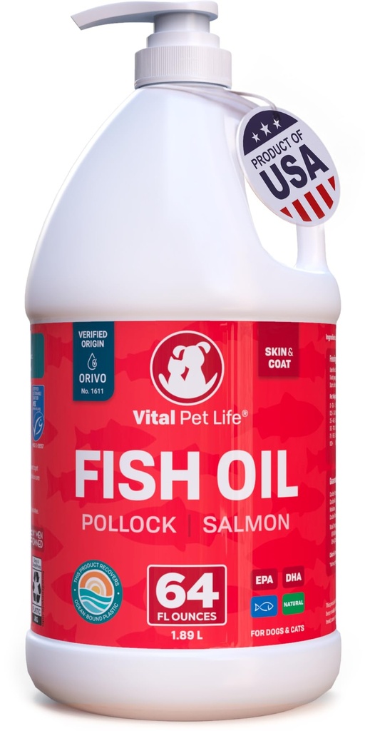 Óleo de peixe para cães - Pele saudável & casaco, salmão, Pollock, Todos os Suplementos Naturais para Animais de estimação, Coceira Alergia & Inflamação Defesa, Omega 3 EPA DHA, Cérebro & Coração Saúde, 64 onças