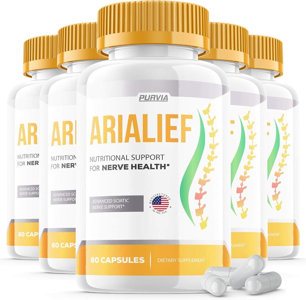 (5 Pacote) Cápsulas de Arialief Sciatica - Fórmula Oficial - Arialief Suplemento Vitamina Fórmula de Força Avançada, Cápsulas de Arialief Apoio Nutricional Força máxima Global Bem-estar (300 Cápsulas)