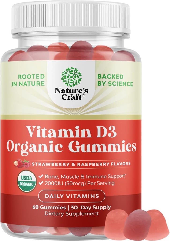 Pastilhas de vitamina D3 orgânicas para mulheres e homens - pastilhas de vitamina D 2000UI por serviço para saúde óssea, músculos e suporte imunológico - Suplemento não-GMO para adultos - Gelatina e glúten livre - 60 gomas