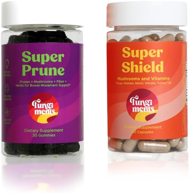 Fungimentos Suplementos de cogumelos, Pacote de Digestão/Imunidade, Super Prune 30 Count Gummies + Super Shield 60 Count Cápsulas
