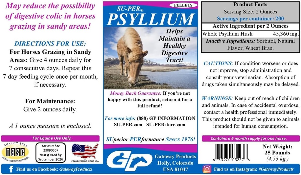 SU-PER Psyllium Pellets Equine Supplement - Mantém Trato Digestivo Saudável em Cavalos - Sujeira Sujeira Suportes Remoção de Areia e Sujeira do Trato Intestinal - 25 Libras, 6 Mês de Fornecimento
