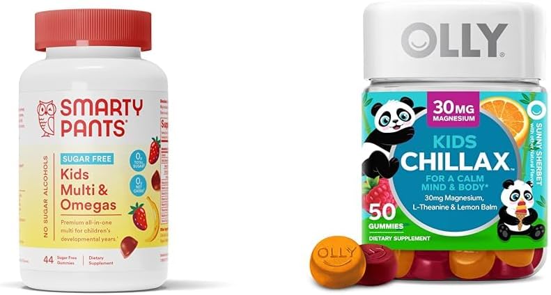 SmartyPants Kids Multivitamin Gummies, Sugar Free: Omega 3 (ALA) & OLLY Kids Chillax, Magnésio Gummies Plus L-Theanina, Limão Balm, Mastigas calmas para crianças 4+, Sherbet Flavor - 50 Conde (Pacote de 1)