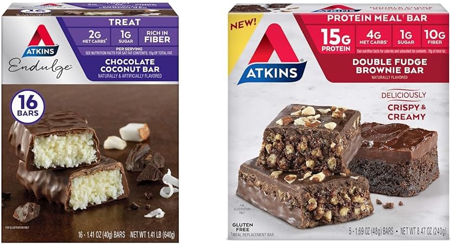 Atkins Chocolate Coco Bar 16 Conde, Fudge duplo Brownie Protein Bar 5 Count Bundle