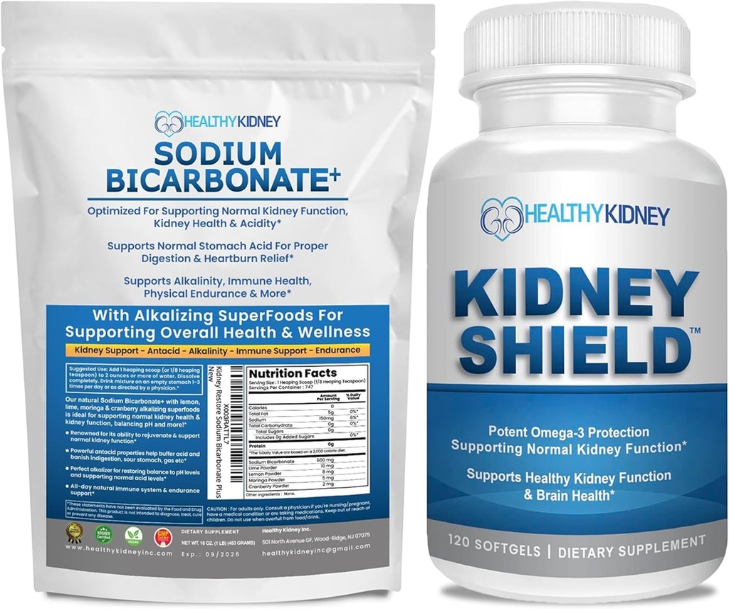 Bicarbonato de sódio orgânico Suplemento alcalina 1,5LBS + escudo renal 120 caps Suplemento renal para apoiar a função normal do rim