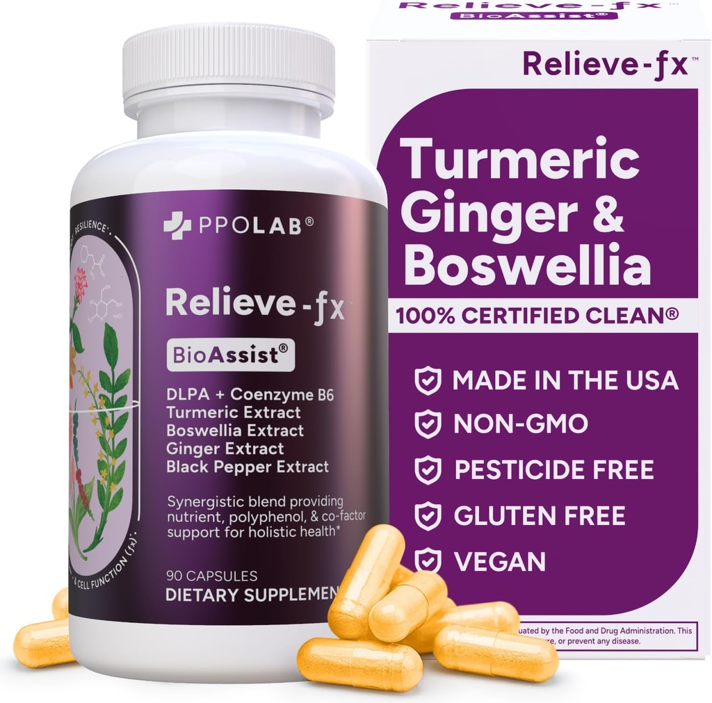 Alieleve-fxTM DLPA Boswellia Cúrmico e Ginger Supplement, Stress Relief, Coração, Digestão, Cãimbra muscular, Articulação, Saúde Inflamação, Vitamina B6 P5P, Ácido Boswellic, Curcumina com Pimenta Negra - 90ct