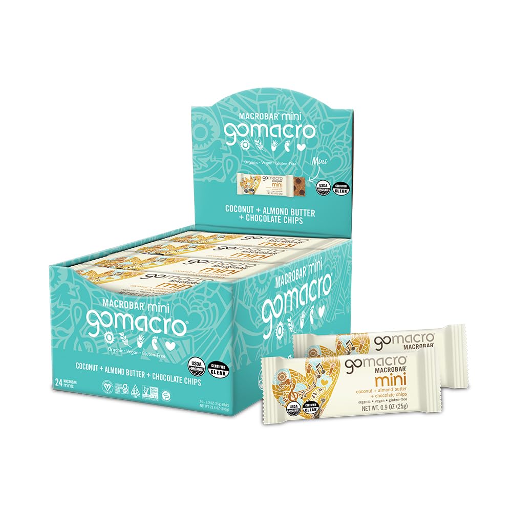 GoMacro MacroBar Mini Snack Bares Vegan Orgânicos - Coco + Manteiga de Amêndoa + Batatas de Chocolate (0.90 Ounce, 24 Count)