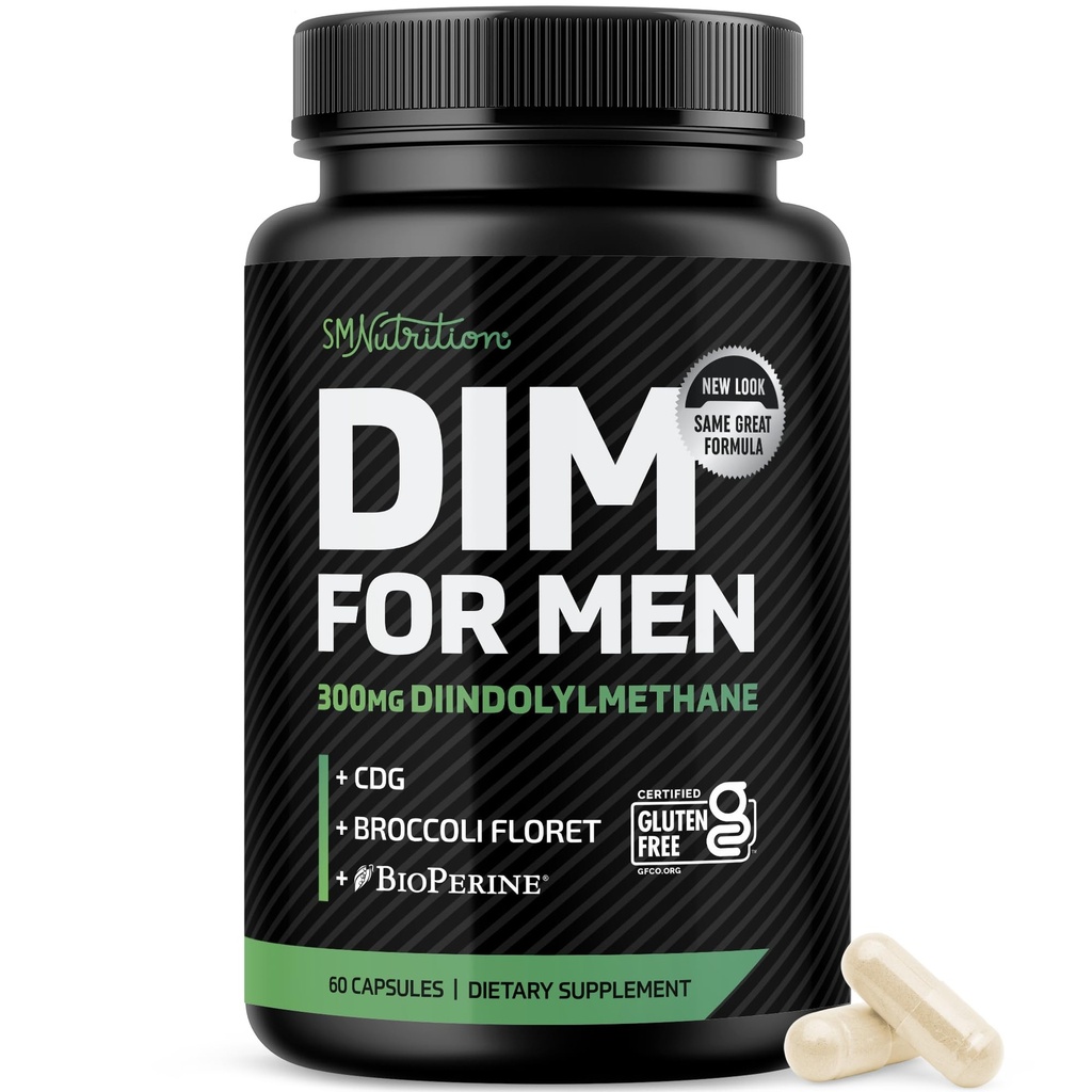Suplemento DIM para homens 300mg □ Bloqueador de estrogênio & inibidor de aromatase □ Força extra Equilíbrio de Hormônios e Fitness Booster masculinos com Diindolimetano Plus CDG & Brócolis Floret □ Sem glúten 60 Ct