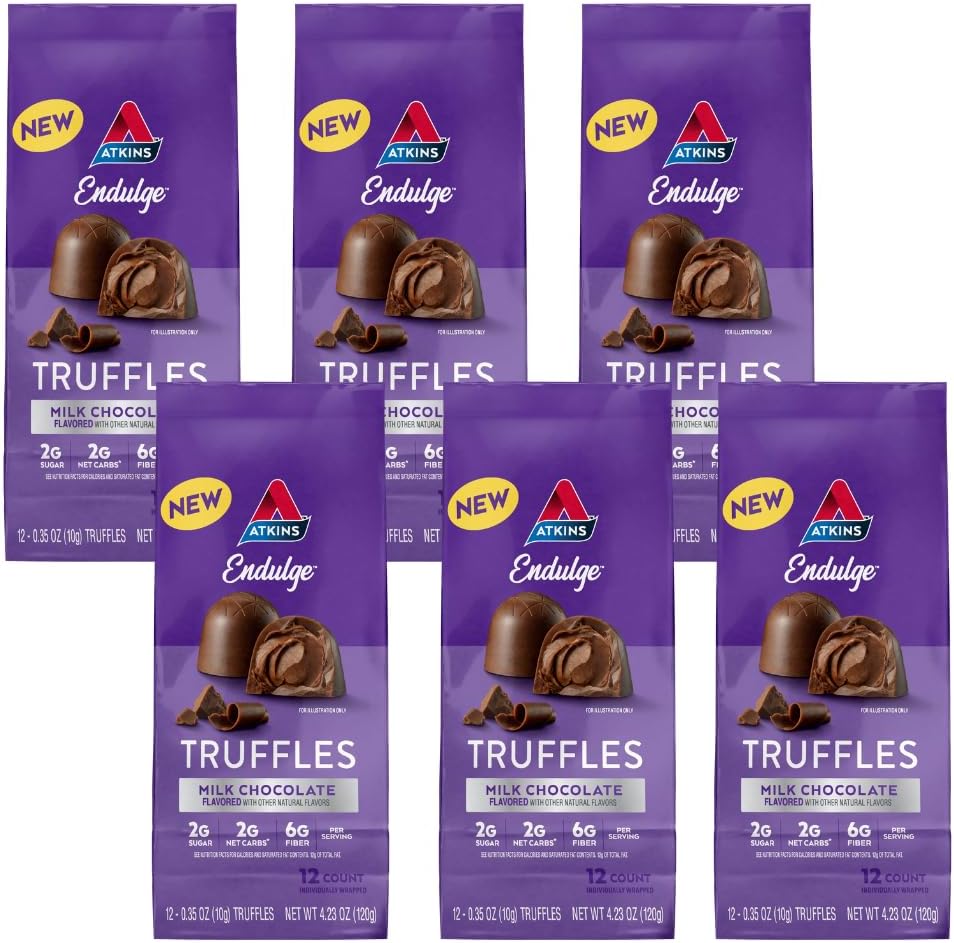 Atkins Endulge Milk Chocolate Truffles, Baixo Açúcar, Baixo Carbo, Keto Friendly, 6 Pack (12 Truffles Cada Pacote)