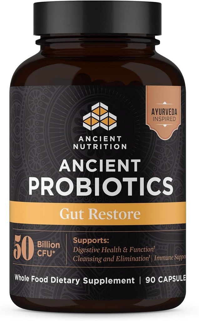 Nutrição antiga Probióticos, Gut Restaurar 90ct com Ginger e Fenugreek, Suporta Funções Digestivas, Reduz Diarréia, Obstipação, Gás e Bloating, Superalimentos Mistura, 50 bilhões de UFC* / Servir