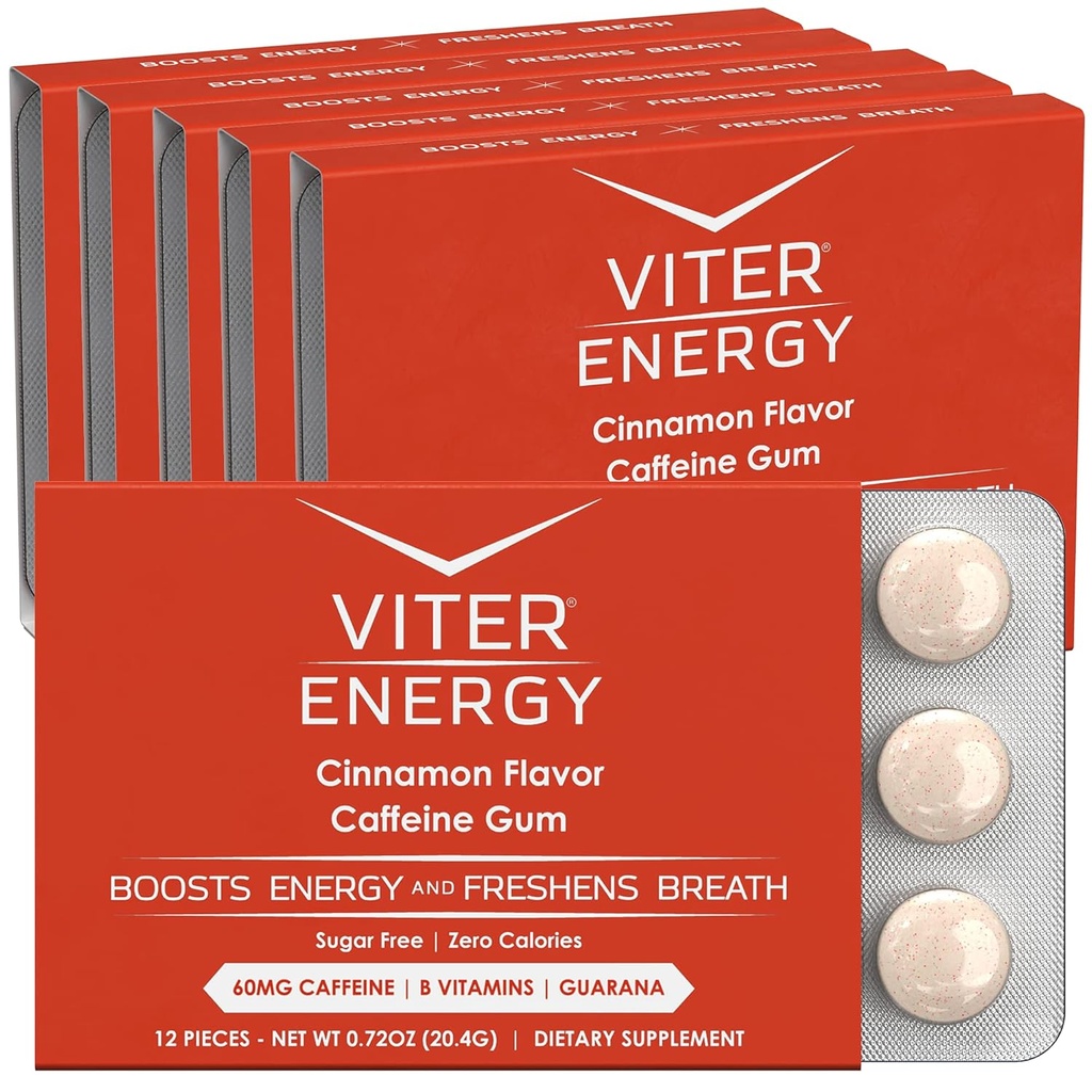 Viter Energia Gum cafeína 60mg Cafeína, B Vitaminas, Guaraná, Açúcar Livre. (Cinnamon, 12pcs, 6 Pack)