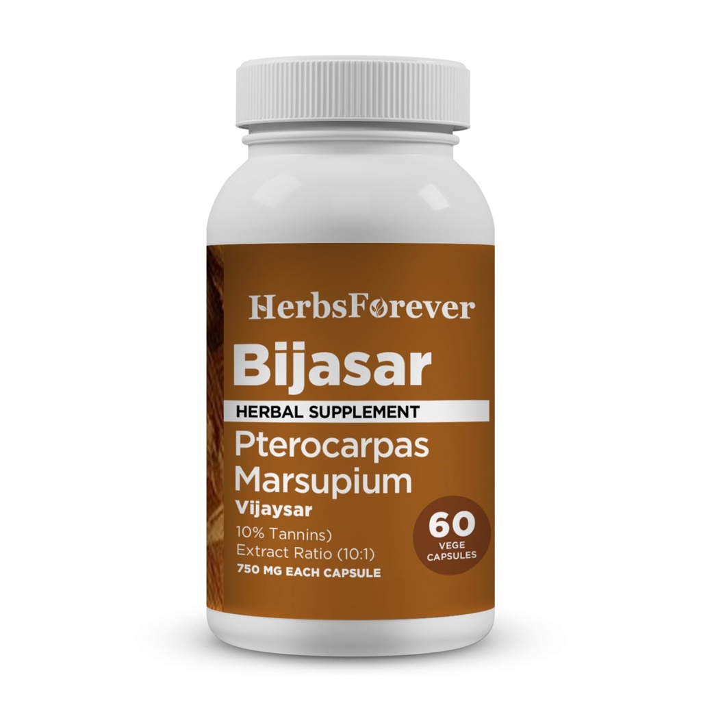 HerbsForever Bijasar (Indian Kino Tree, Malabar Kino)-Extra Força(10:1) Extrato,Equiv.to 4800mg Bark Powder Per Servindo-Liver Suporte & Detox Sangue Açúcar & Pureza .10% Taninos .60 Veg Cápsulas .