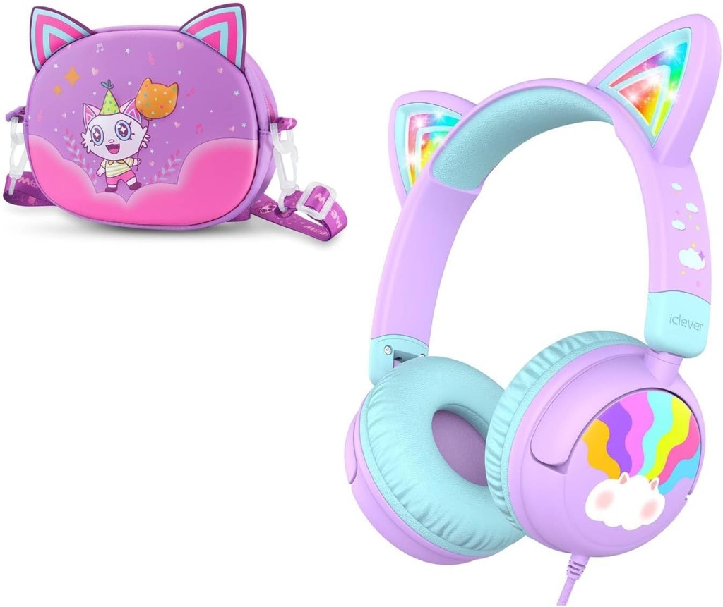 Auscultadores para crianças com fios iClever Cat Ear Meow Lollipop & Auscultadores Caso Pacotes