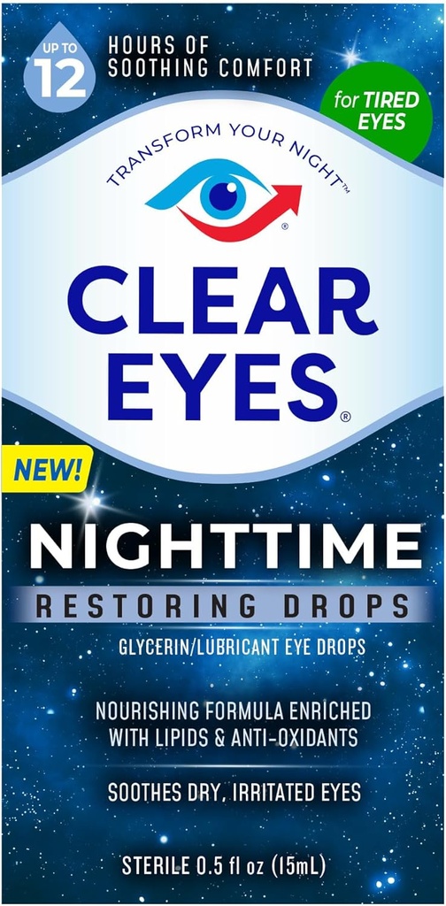 Clear Eyes Nighttime Restaurando gotas de olho, seguro para uso noturno para 12 horas de conforto calmante, 0.5 Fl Oz