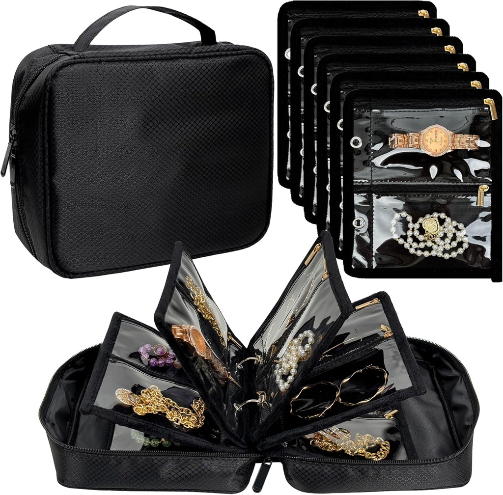 Caso organizador de jóias de viagem , Bolsas de jóias para viajar , Binder jóias com 24 Pcs Clear Zipper Velvet Pouches para brincos de armazenamento , Anéis , Colar , Pulseira , Relógio ( Preto )