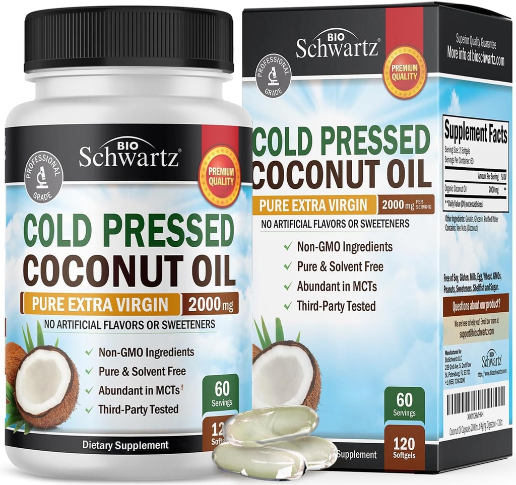 Cápsulas de óleo de coco 2000mg - Orgânico Puro Extra Virgin não refinado frio prensado MCT rico e não-GMO para unhas saudáveis da pele Suporte ao crescimento do cabelo Bloating Anti envelhecimento Digestão - 120ct (2 Mês de fornecimento)