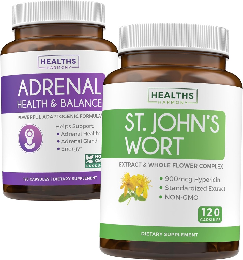 Adrenal & St. John's Wort (4-mês de Fornecimento) Mood Harmony Pack - Suporte Adrenal com L-Tirosina (120 Cápsulas) & St. John's Wort com Powerfil 900mcg Hypericin 500mg por Cápsula (120 Cápsulas)
