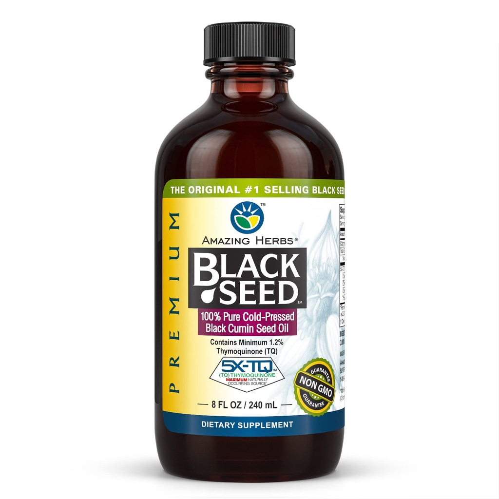 Amazing Herbs Premium Black Seed Oil - Gluten Free, Non GMO, Frio Pressed Nigella Sativa Aids em Saúde Digestiva, Suporte Imune, Função Cérebro - 8 Fl Oz