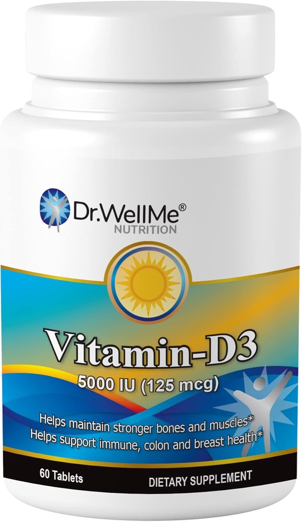Vitamina D3-5000 UI, Suplemento dietético de força extra para suporte ósseo, muscular e imunológico saudável, 60 comprimidos de fácil de enrolar embalados para 2 meses de fornecimento