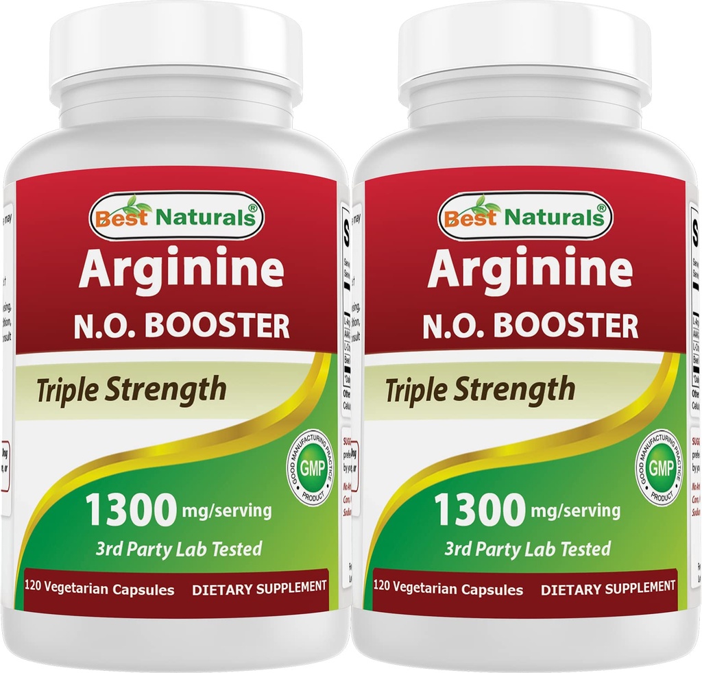 Melhores Naturals L-Arginina NO Booster Tripla Dosagem 1300 mg Servindo 120 Veg Cápsulas (120 Count (Pacote de 2))