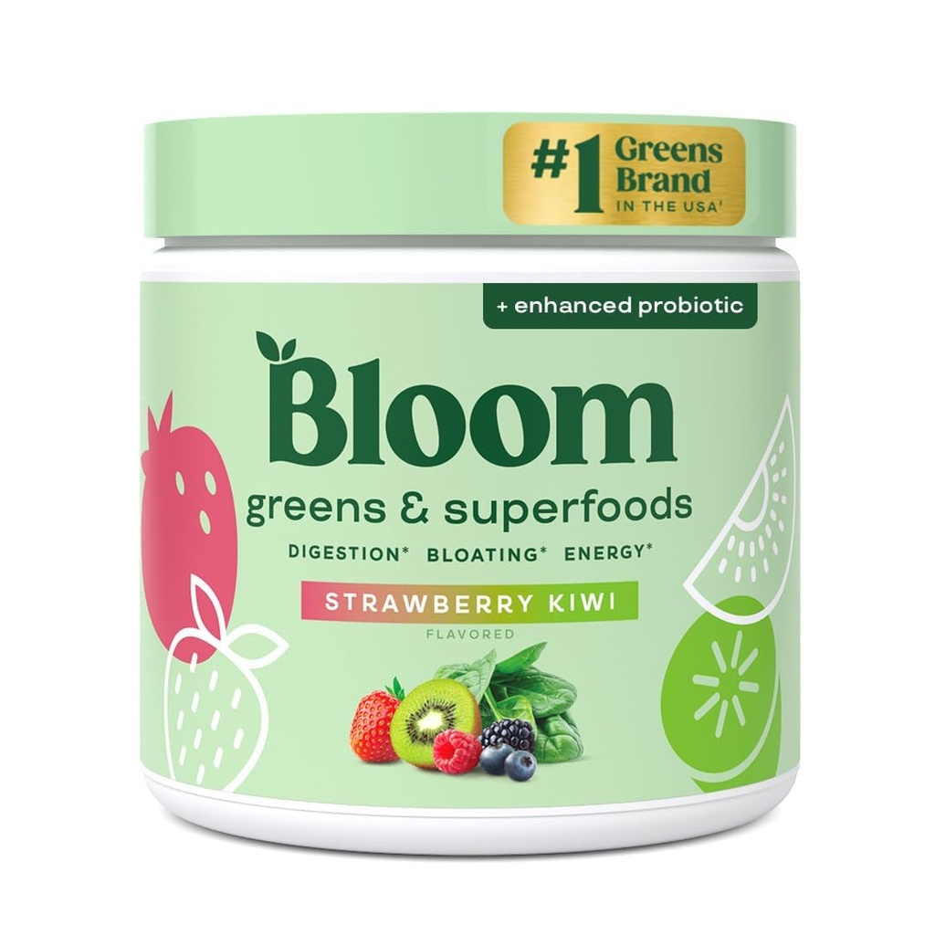 Bloom Nutrition Greens e Superfoods Pó para Saúde Digestiva, Greens Powder, Enzimas Digestivas, Probióticos, espirulina, chlorela para Bloating & Gut Support, Green Juice, 30 SVG, morango Kiwi