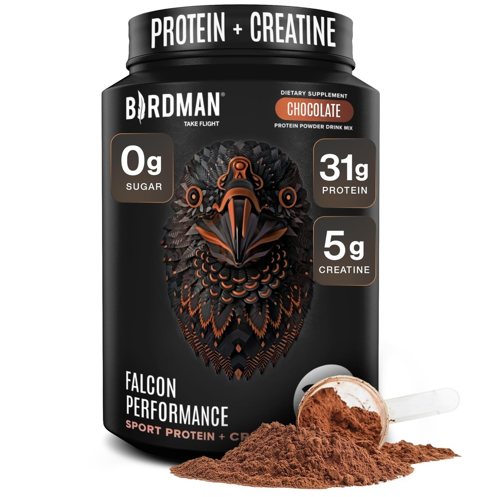 Birdman Falcon Performance Vegan Protein Powder, 31g Protein, 5g Creatina, 5g BCAA, Probióticos, Eletrolíticos, Pré-treino, Baixo carboidrato, Livre de açúcar e lacticínios, Proteína de Chocolate Baseada em Planta -19 porções