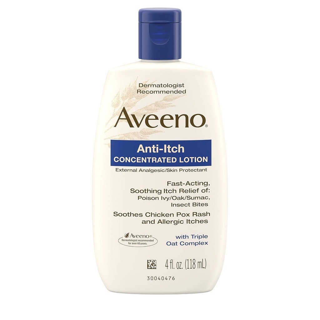 Loção concentrada Aveeno Anti-Itch com Calamina e Triplo Complexo de Aveat, protetor da pele para rápida ação Itch alívio da hera venenosa, mordidas de insetos, varicela, e comichão alérgica, 4 fl. oz