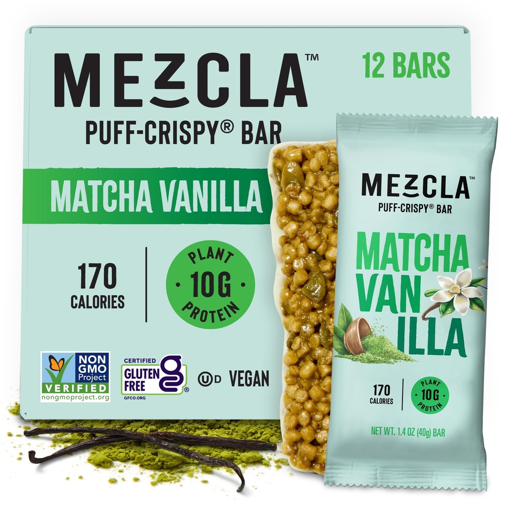 Mezcla Puff Crispy Protein Bars, Gluten Free & Vegan Protein Bars, 10g Protein, Alt para Crispy Rice Treat, Granola Bars & Bares de café da manhã, Snacks saudáveis para adultos, Macha Vanilla, 12 Pack