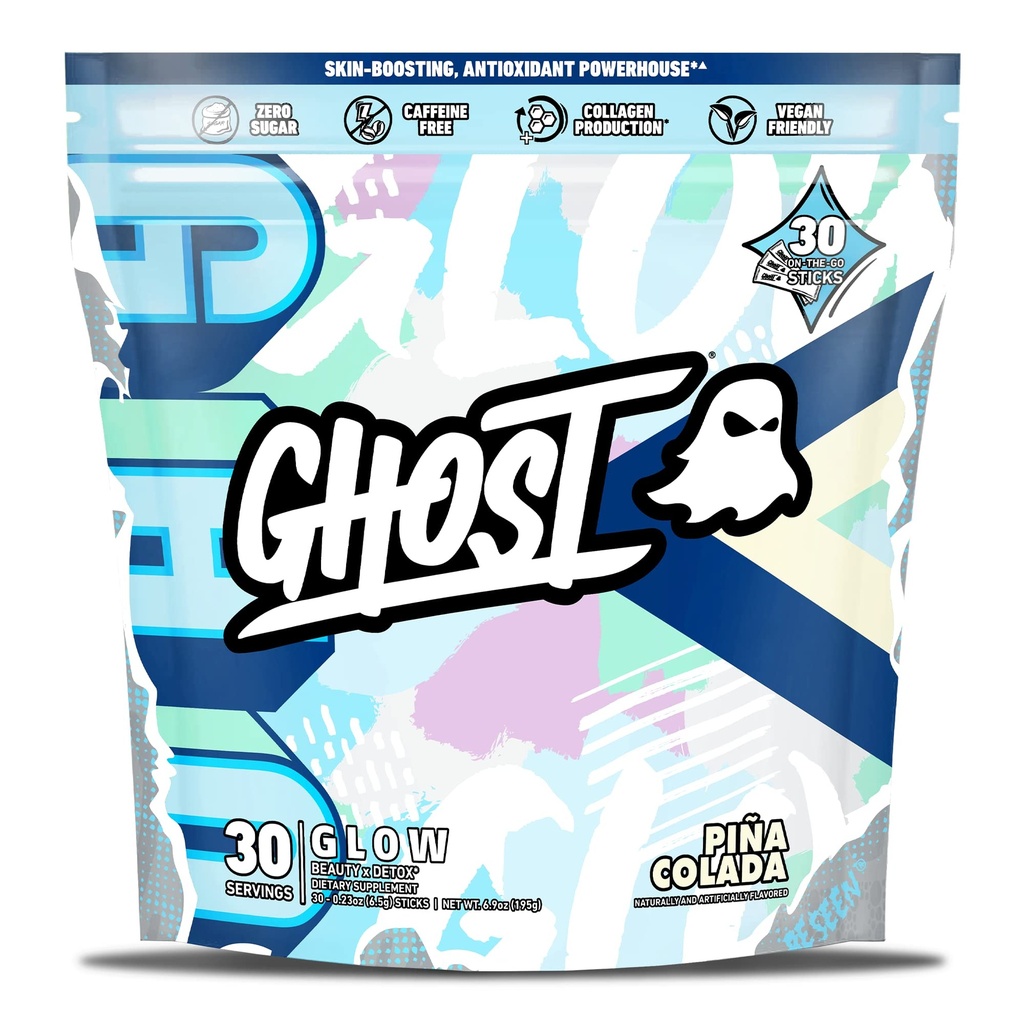 GHOST Glow Sticks: Beauty and Detox Supplement - 30 Pacotes On-The-Go Stick, Pina Colada - Ácido Hialurônico, Biotina & L-Teanina para suporte à pele – Açúcar livre, sem glúten