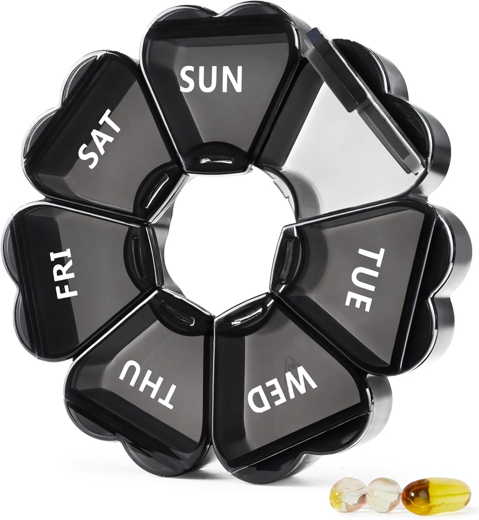 MOLN HYMY grande comprimido organizador 7 dias, Linda caixa de pílulas semanal, Cute Girly medicamento dispensador recipiente para vitamina, chiclete, medicação, Suplemento (preto)
