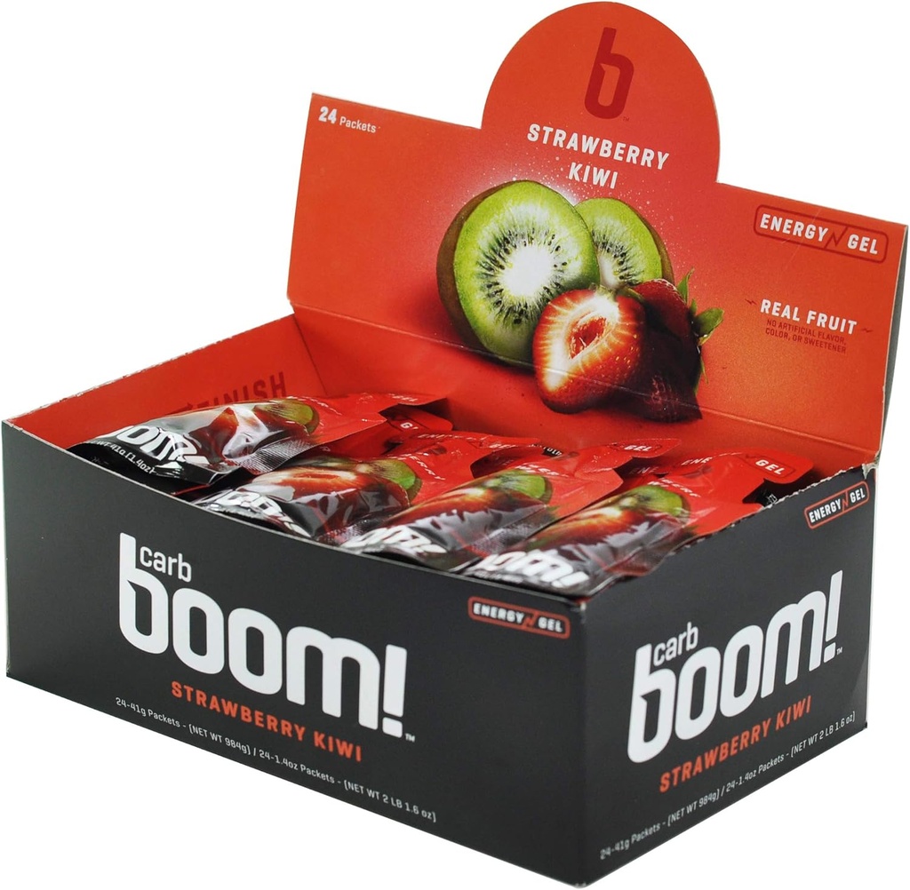Boom Nutrition - Gel de energia do carboidrato - Geles de energia de fruta - Gel de treino - Gel de energia para ciclismo - Gel de correr - Gel de energia natural - Kiwi de morango (24 Pack)