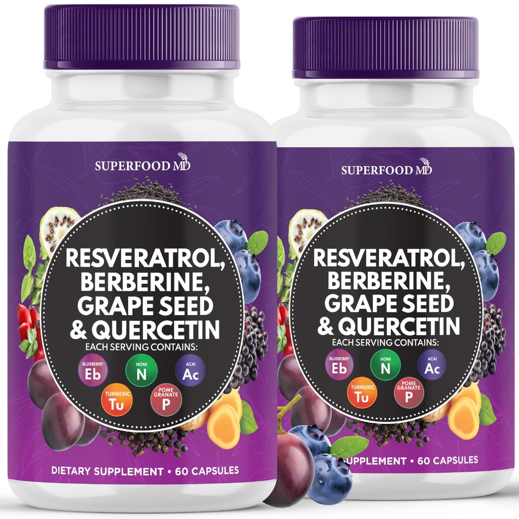 Resveratrol Berberine Uva Extract Quercetina - Suplemento de polifenol com Noni Extract, N-Acetil Cysteine, Acai Extract - Made in the USA - 120 Cápsulas
