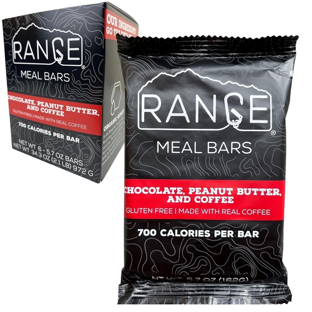 Barra de refeições de gama - Bares de alta calorias de substituição - Bares sem glúten - Refeições de mochila - 6 Pack (chocolate, manteiga de amendoim e café)