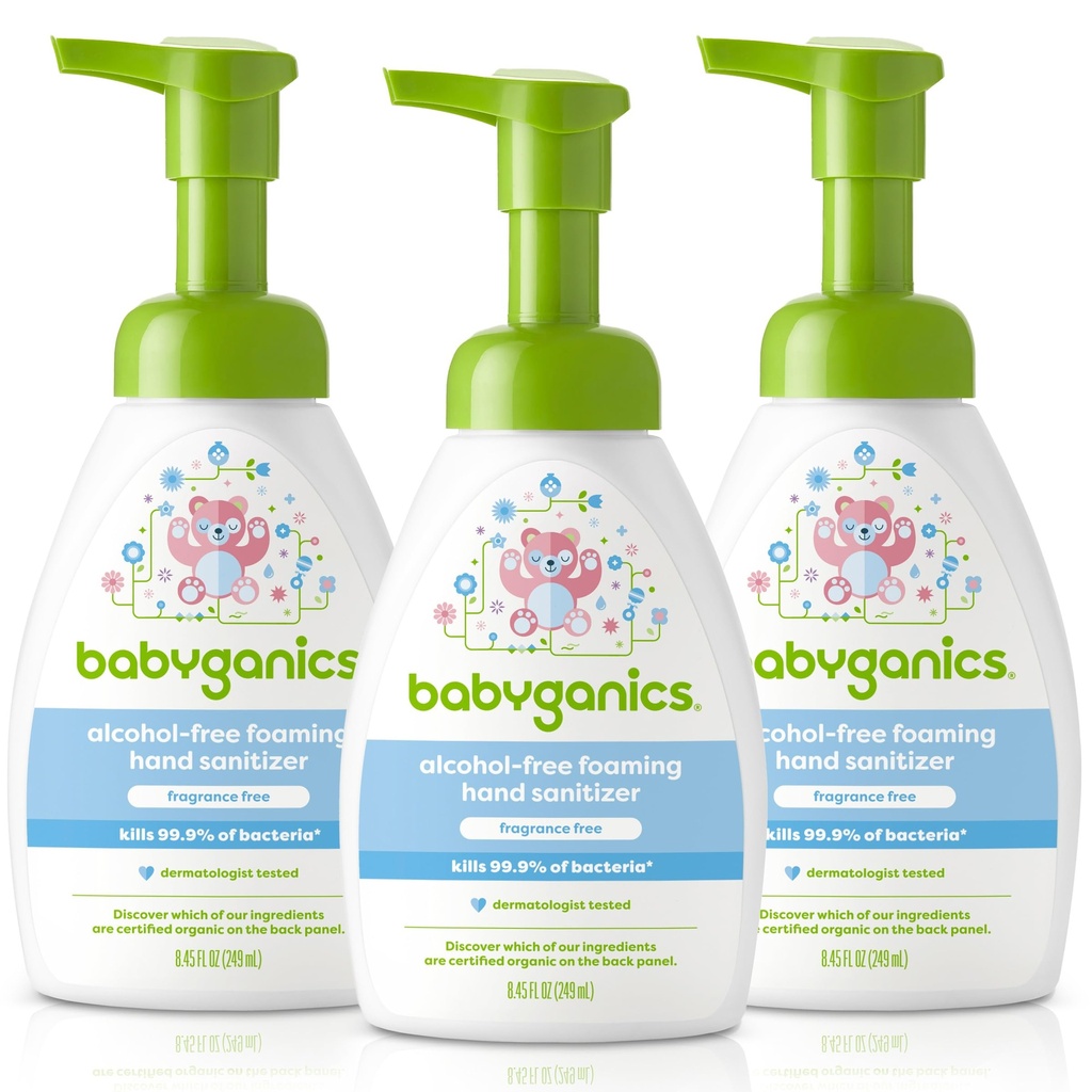 Babyganics Espuma livre de álcool mão higienizador, garrafa de bomba, Fragrância grátis, 8,45 oz, 3 embalagem