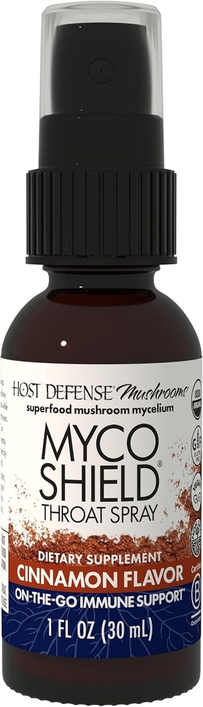 Host Defense MycoShield Throat Spray - Apoio à Saúde Immune - Suplemento de cogumelos dietéticos com Chaga, Reishi, Turquia Tail & More - Suporte Immune on-the-Go - Cinnamon Flavor, 1 fl oz (71 Servings)*