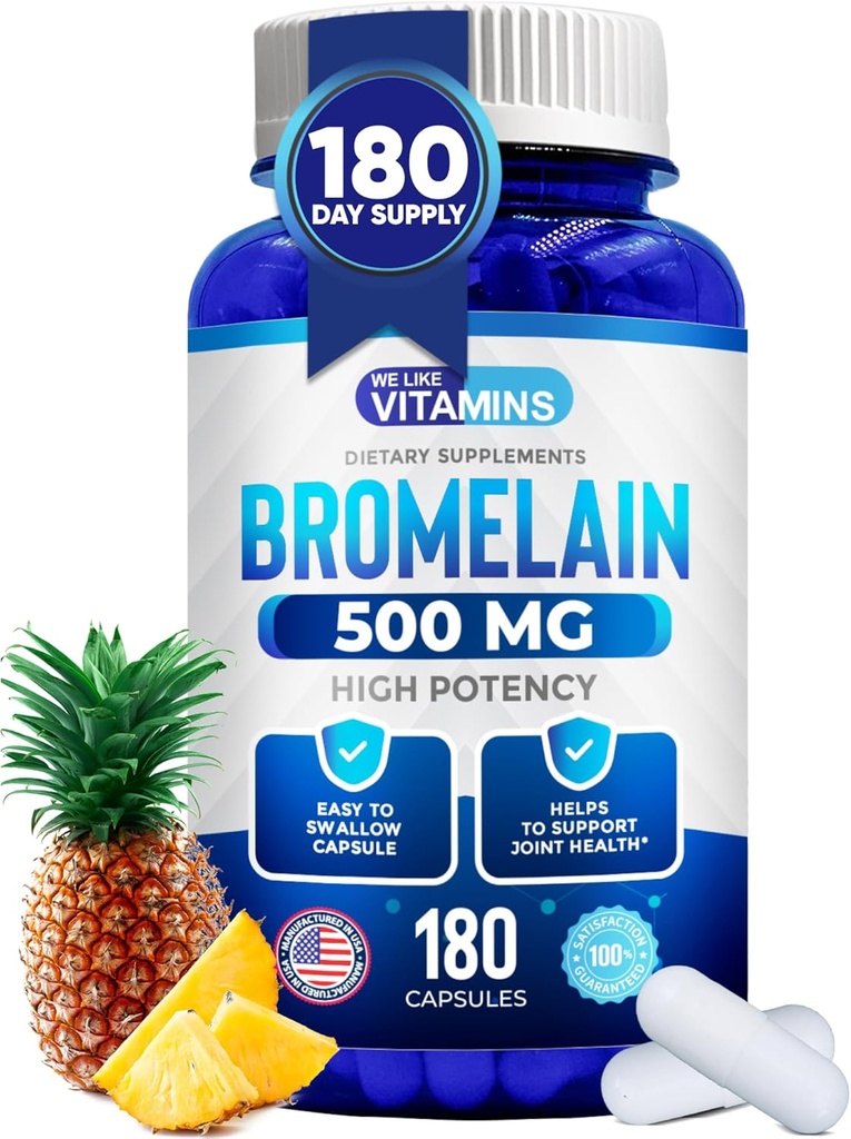 Gostamos Vitaminas Bromelain 500mg Cápsulas - 1200 GDU/Servir - Suplemento de Bromelain de Extrato de Abacaxi - Enzimas proteolíticas para Digestão, Absorção, Dor articular, Dores musculares - 180 Cápsulas