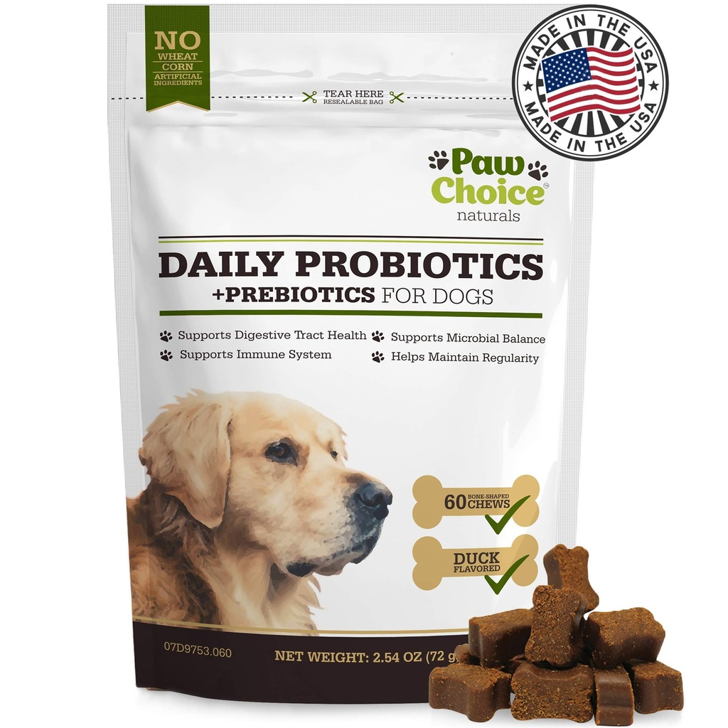 Paw Choice Probióticos para cães com prebióticos - Mastigação diária para Gut Saúde, Digestão, Regularidade e Imune Support - Suplemento Natural Tratado Made in USA