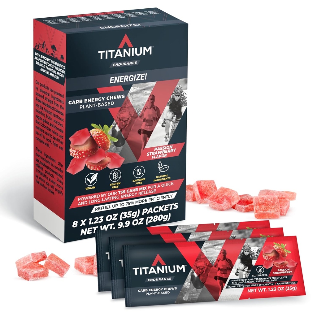 TITANIUM Energy Chews for Running, Cycling - Fit-Based Natural Endurance Energy Gummies to Re Fuel - Energy Supplements - Preworkout Snack Bloks - Fast than Energy Gels - No Caffeine - 8 Count