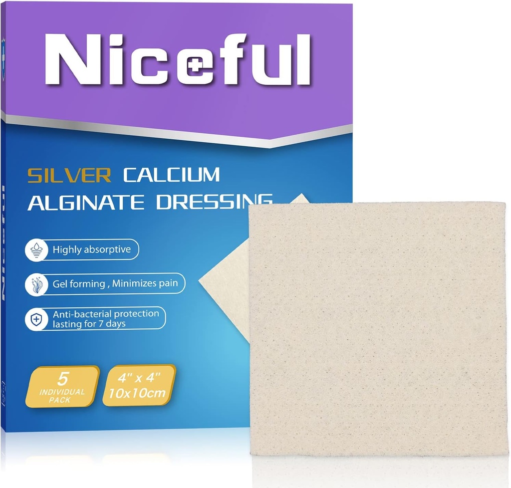 Silver Calcium Wound Dressing 4X4, HSA FSA Elegível, Altamente Absorvente Ag Silver Alginate Alginate Wound Dressing Pads Soft, 5 Pcs