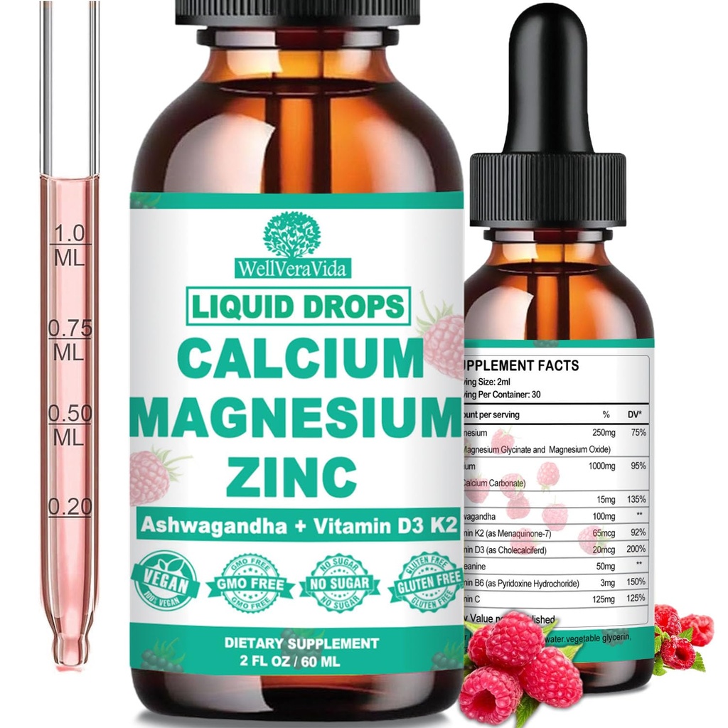 Zinco de magnésio de cálcio D3 com glicinato de magnésio calma mais Ashwagandha, L-Theanina, cálcio líquido com vitamina D3 e suplemento de magnésio para imune, osso, músculo, humor e suporte ao sono