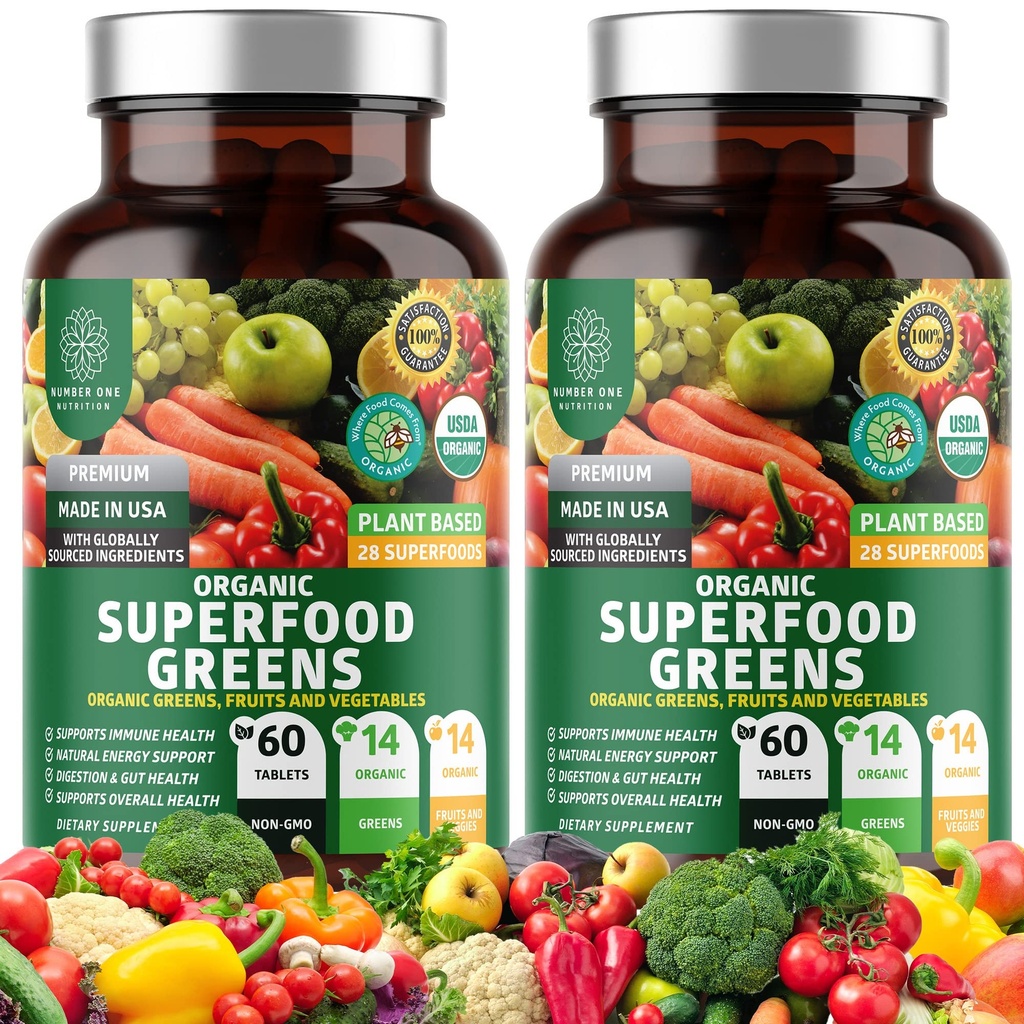 2-Pack N1N Premium Orgânico Verde Superalimento, Frutas e vegetais [28 Poderosos Ingredientes] Suplemento Natural com Alfalfa, Beterraba Raiz e Tart Cereja para Energia, Imunidade, Digestão, 120 Ct