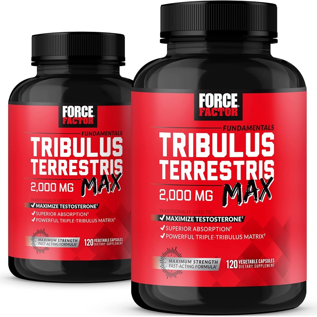 FORCE FACTOR Tribulus Terrestris Max para homens 2-Pack, Testosterona Booster, Suplemento de Vitalidade Masculino, Made with Key Natural Ingredients Superior Absorção, 2000mg, 240 Cápsulas, Vermelho
